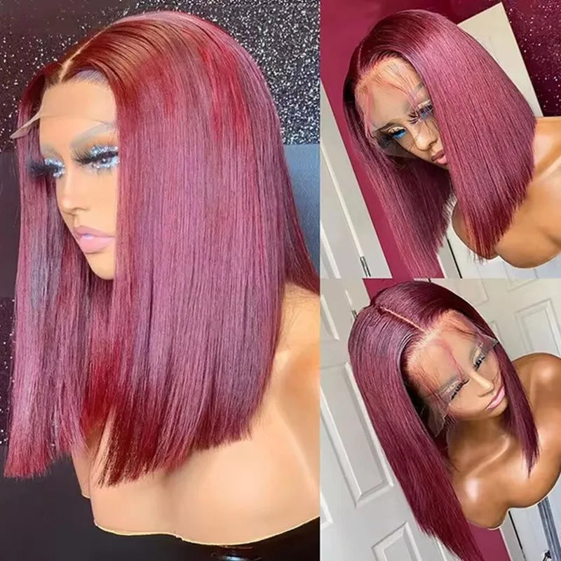 99J Red Burgundy Color Short Bob Straight Blunt Cut 13X4 Lace Front Synthetic Wigs For Women Preplucked With Baby Hair Cosplay