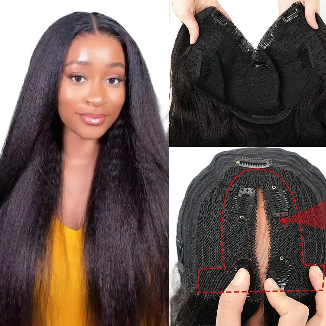 V Part Wig Kinky Straight 220% density Human Hair Wigs Yaki Straight Glueless Wigs Human Hair for Women Invisible Hairline Wigs