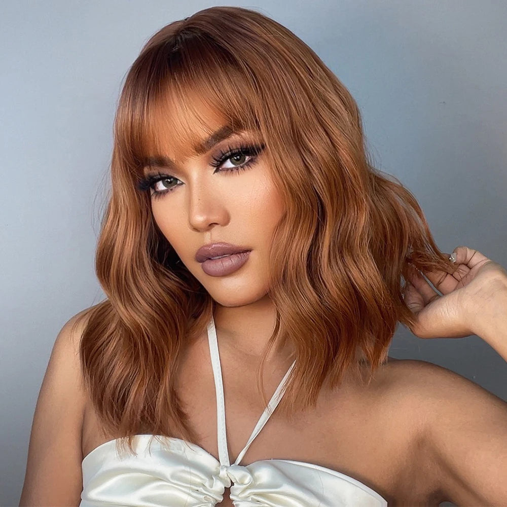 HENRY MARGU Red Copper Ginger Synthetic Wigs with Bangs Medium Water Wave Natural Bob Daily Hair Wigs for Women Heat Resistant