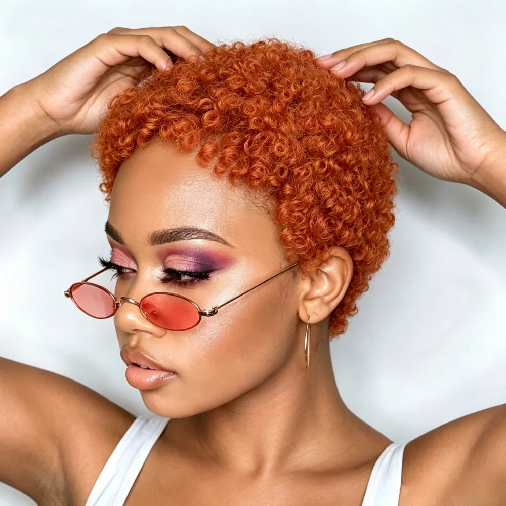 Full Machine Made Short Curly Human Hair Wig, Ginger Orange Wool Curl Human Hair Wigs
