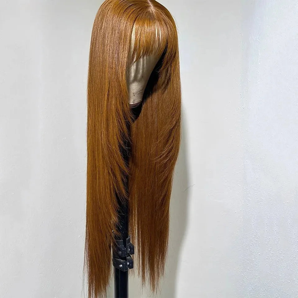 Ginger Orange Short Layered Cut Straight Lace Front Wig With Bangs 13x4 HD Lace Glueless Synthetic Daily Wear On Clearance Sale