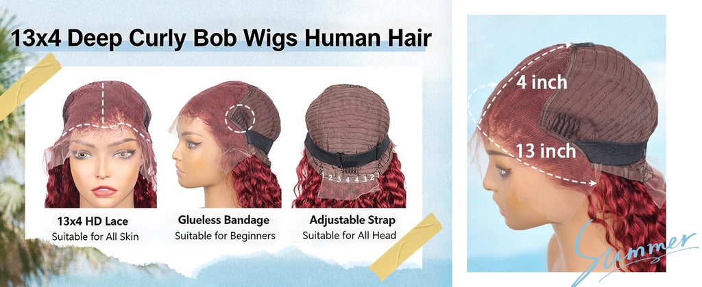 Burgundy Deep Wave 13x4 Lace Frontal Bob Wig 200% Density 99J Colored Remy Water Wave Frontal Human Hair Wigs Pre Plucked Wigs