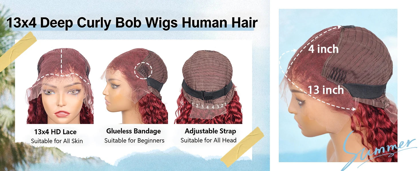 Burgundy Deep Wave 13x4 Lace Frontal Bob Wig 200% Density 99J Colored Remy Water Wave Frontal Human Hair Wigs Pre Plucked Wigs