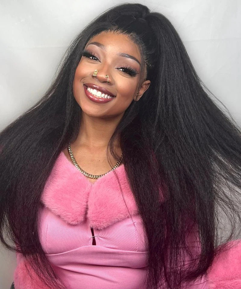V Part Wig Kinky Straight 220% density Human Hair Wigs Yaki Straight Glueless Wigs Human Hair for Women Invisible Hairline Wigs