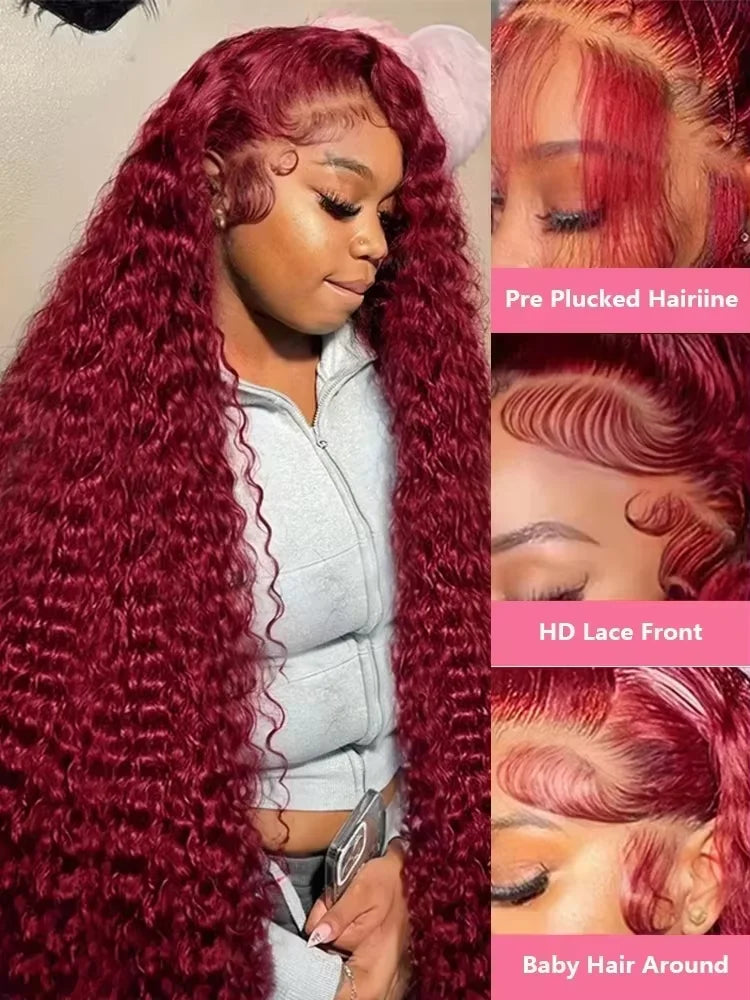99J Burgundy 13x6 Hd Lace Frontal Wig Water Wave Curly 13x4 Red Remy Human Hair Preplucked Brazilian Colored Hair Wigs For Women