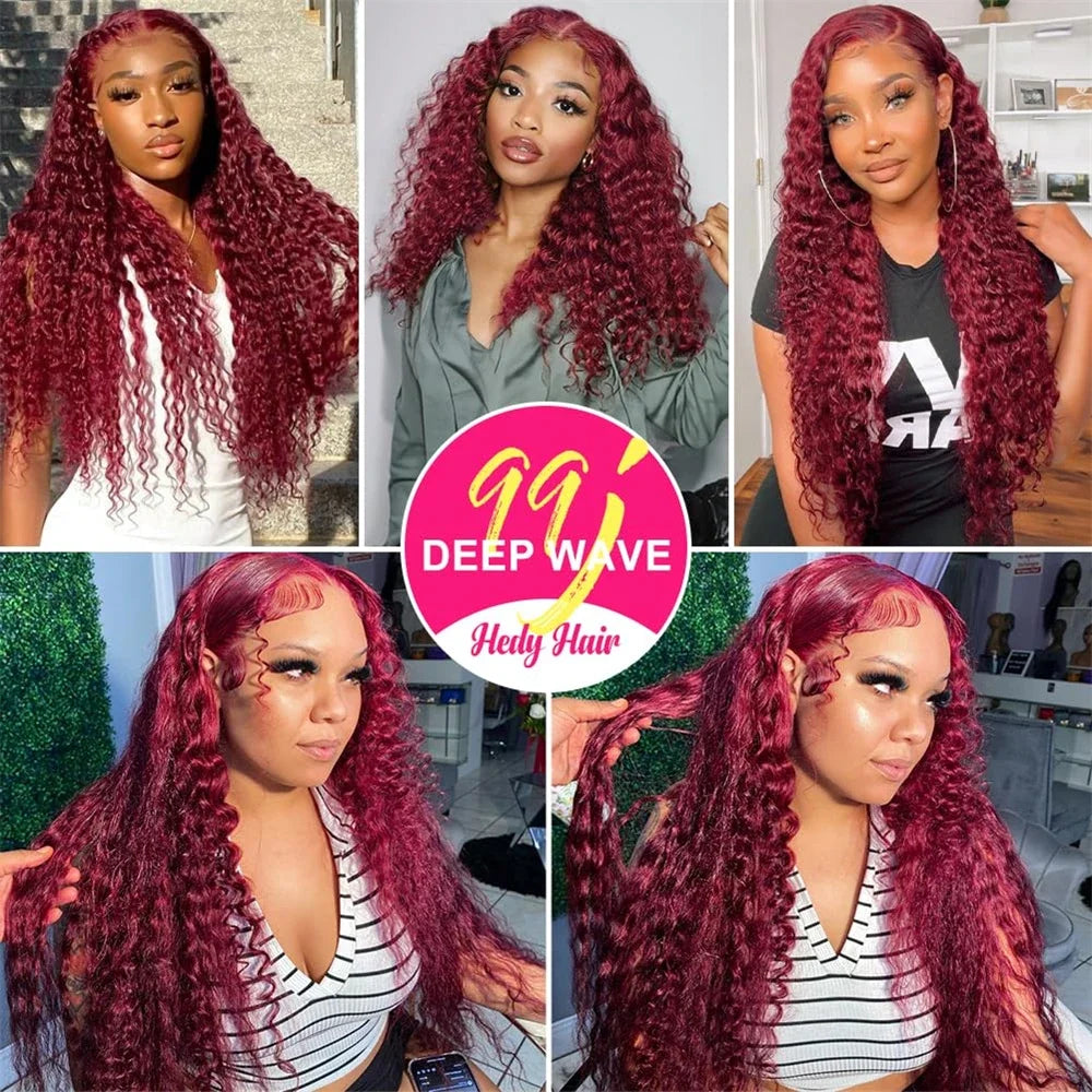 99J Burgundy 13x6 Hd Lace Frontal Wig Water Wave Curly 13x4 Red Remy Human Hair Preplucked Brazilian Colored Hair Wigs For Women