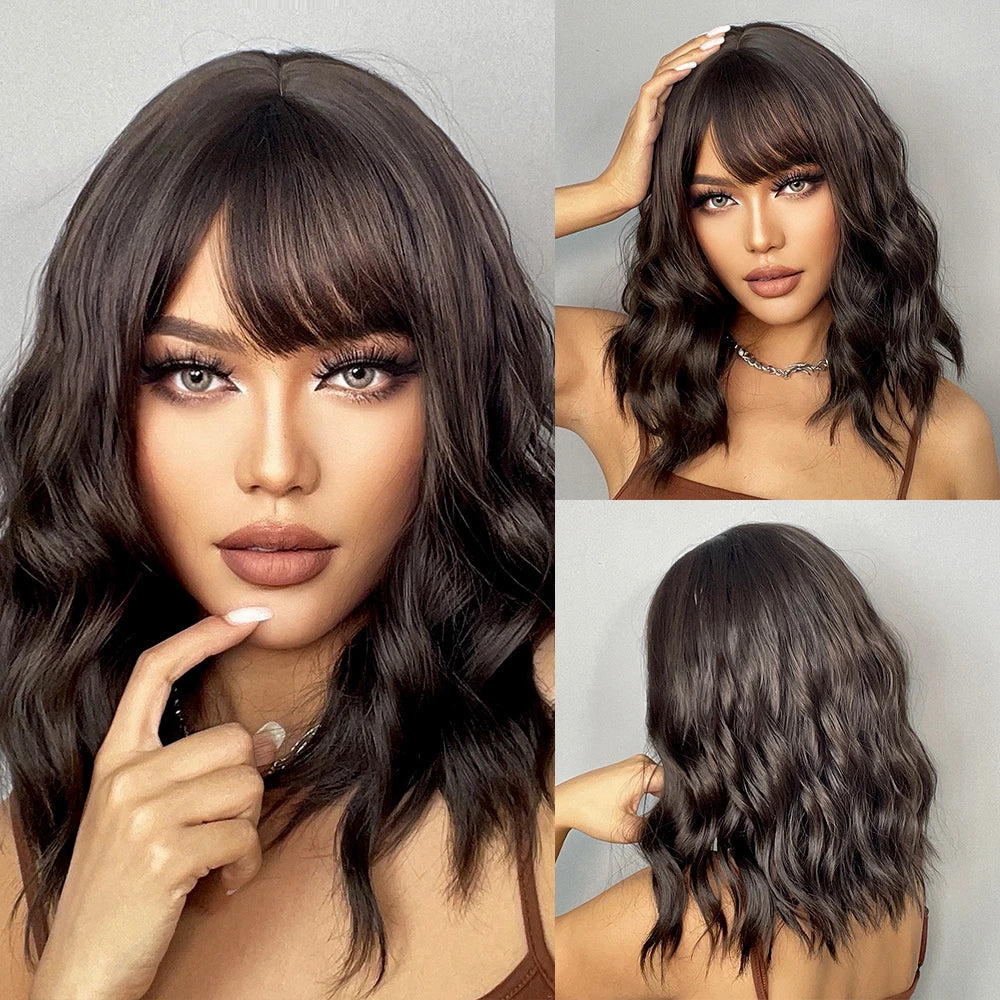 HENRY MARGU Red Copper Ginger Synthetic Wigs with Bangs Medium Water Wave Natural Bob Daily Hair Wigs for Women Heat Resistant