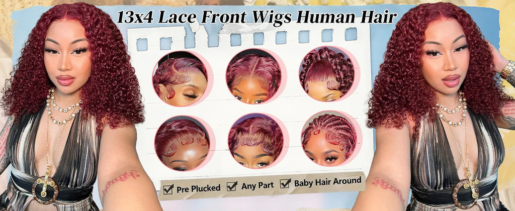 Burgundy Deep Wave 13x4 Lace Frontal Bob Wig 200% Density 99J Colored Remy Water Wave Frontal Human Hair Wigs Pre Plucked Wigs