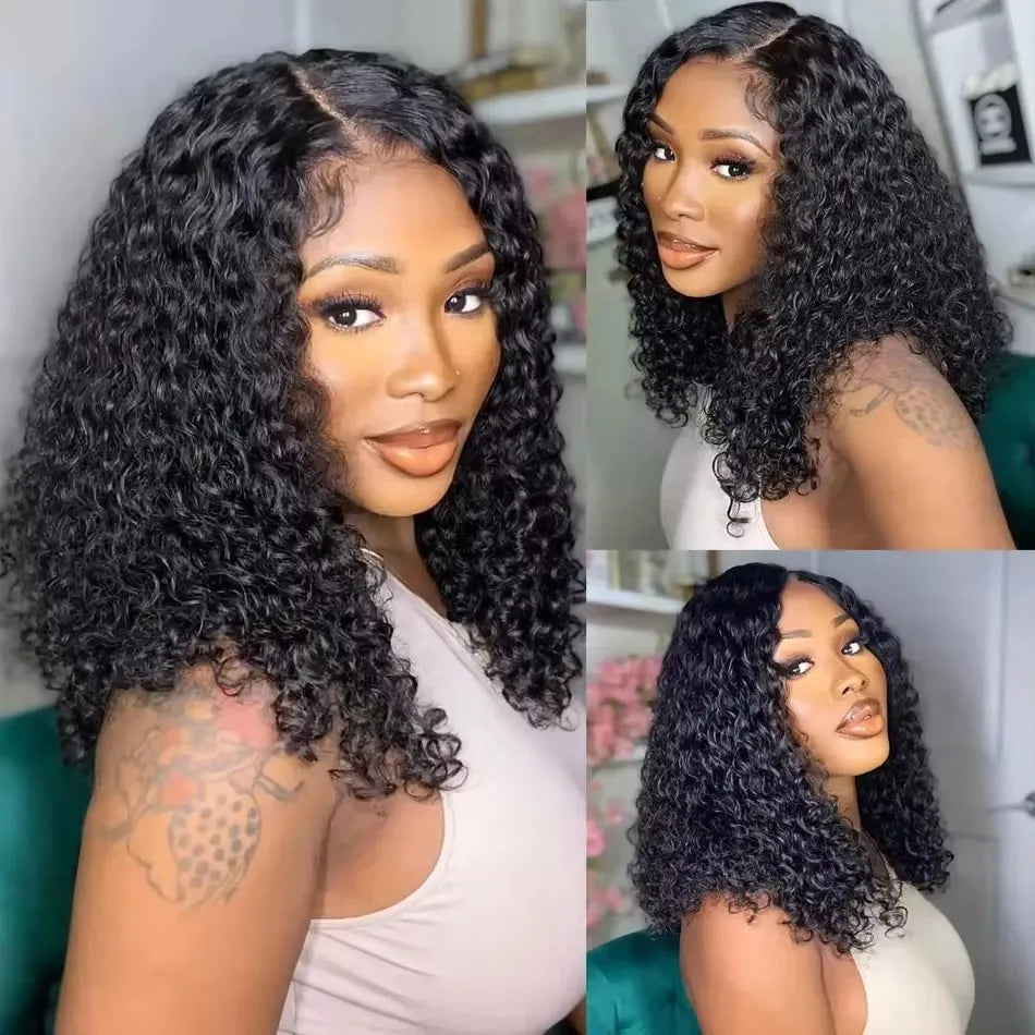 Kinky Curly Short Bob Cut Synthetic Wig 13x4 HD Full Lace Frontal Pre-plucked Bleached Knots Glueless for Black Women