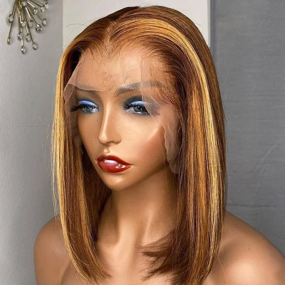 Ginger Orange HD Transparent Short Bob Human Hair Wigs Peruvian Highlight Straight 13x6x2 Lace Front Wig For Women Pre Plucked