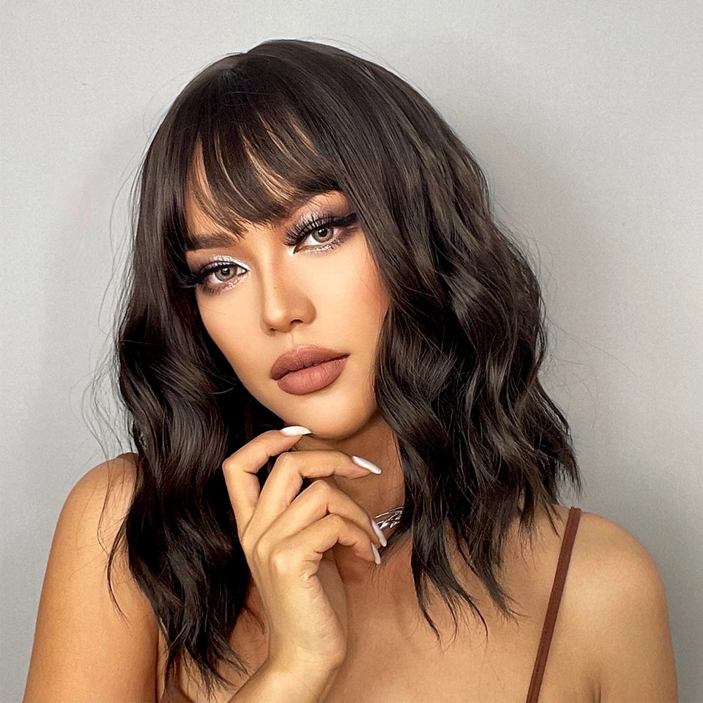 HENRY MARGU Red Copper Ginger Synthetic Wigs with Bangs Medium Water Wave Natural Bob Daily Hair Wigs for Women Heat Resistant