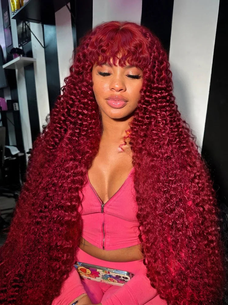 99J Burgundy Curly Wig with Bangs Human Hair Brazilian 200 Density Water Wave Wear and Go Glueless Red Colored Wigs For Women