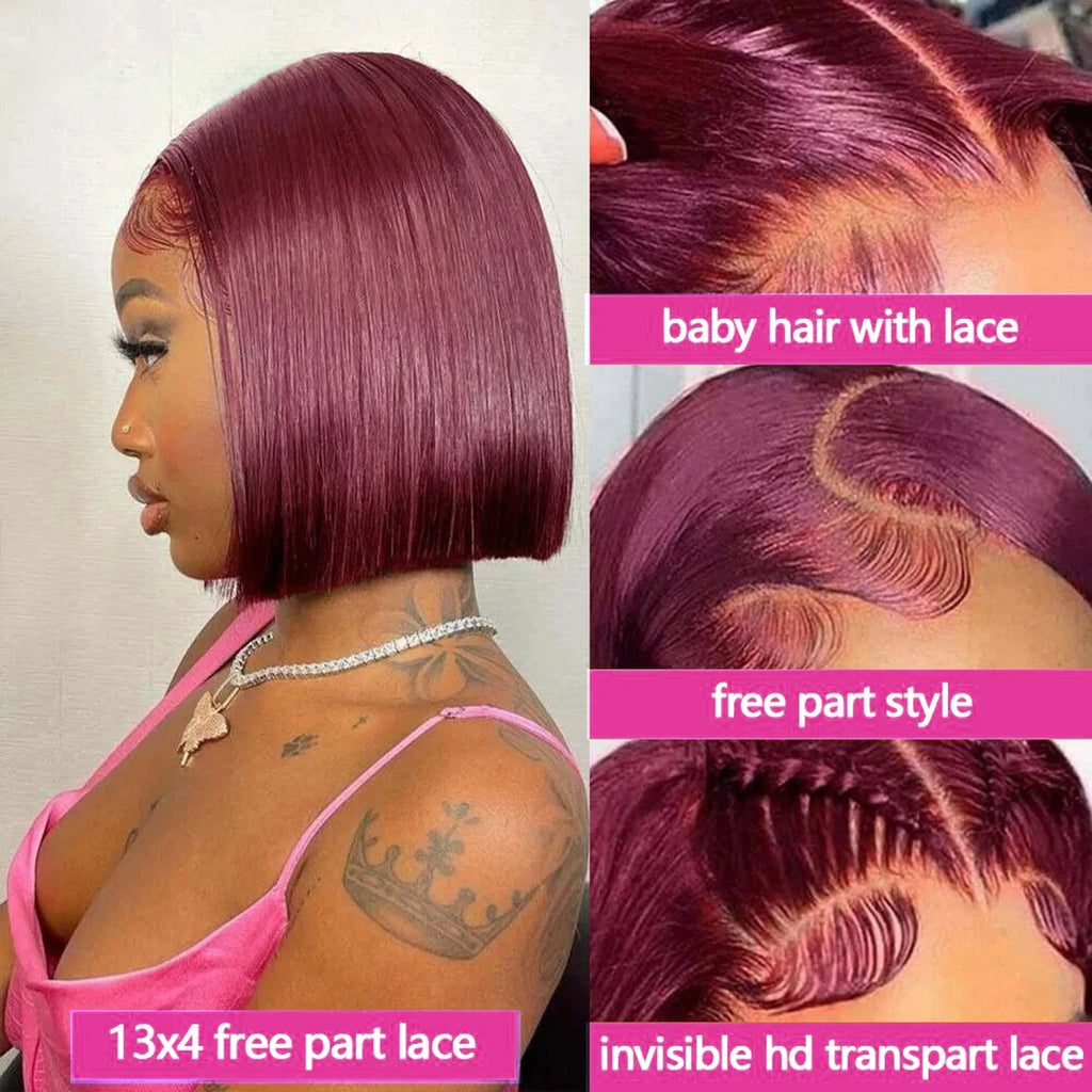 99J Burgundy Bob Wig 13x4 Lace Front Short Wigs 200%Density Straight HD Transparent Lace Frontal Wig Pre Plucked Human Hair 100%