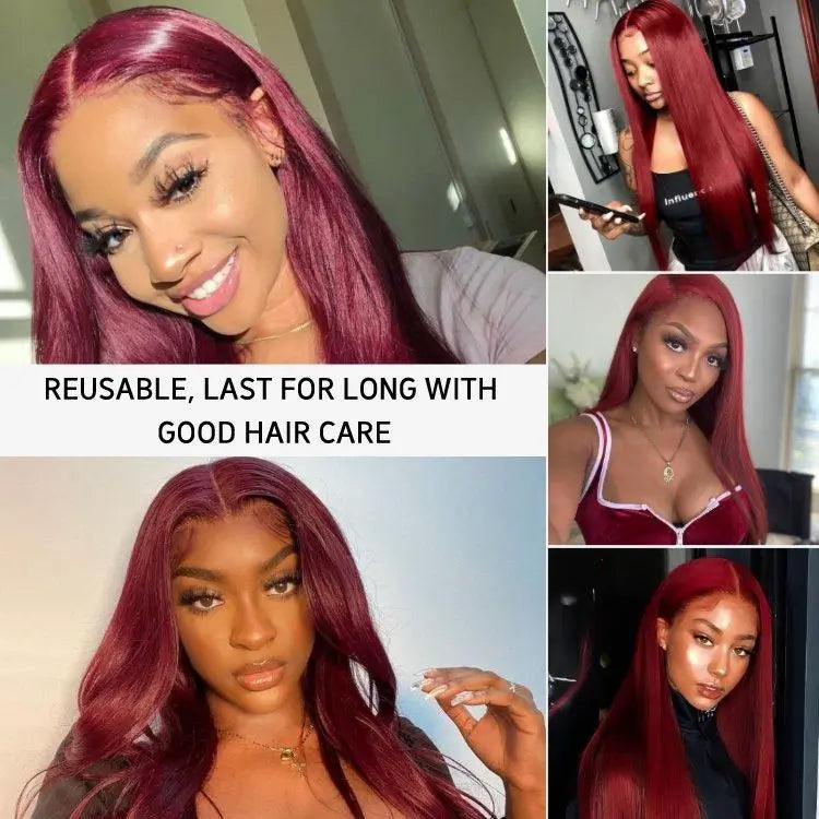 Burgundy 13x6 Hd Lace Frontal Human Hair Wig On Sale 30 36 Inch Bone Straight Lace Front 99J Colored Human Hair Wigs For Women