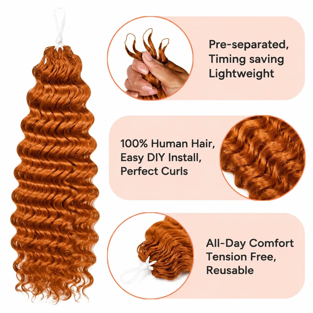 350 Ginger Orange Deep Wave Feather Crochet Miracle Knots Human Hair Extensions Knotless Invisible Pre Separated Boho Braids