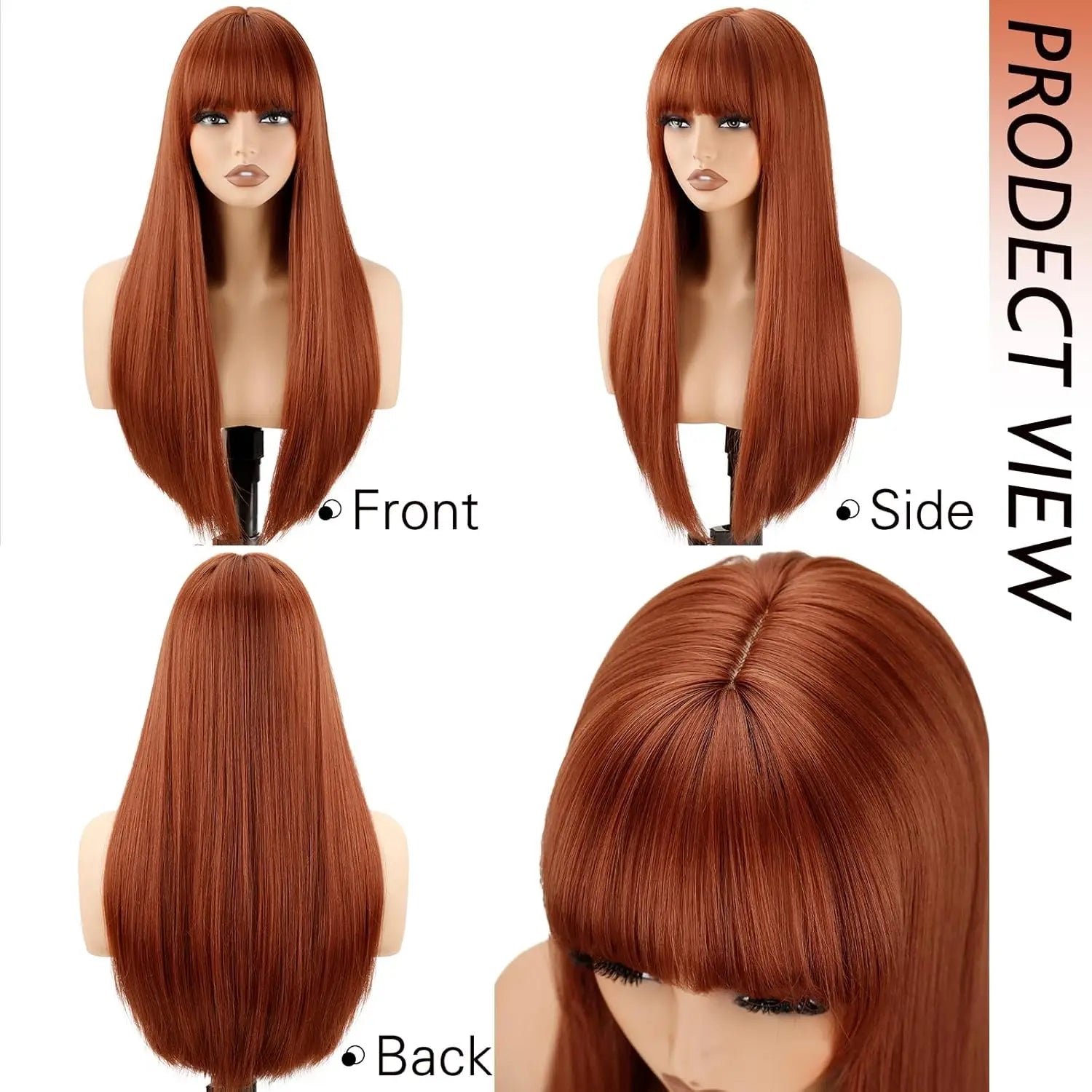 24inch Long Straight Ginger Wig with Bangs for Women Heat Resistant Orange Synthetic Hair for Daily Use Party Halloween Cosplay