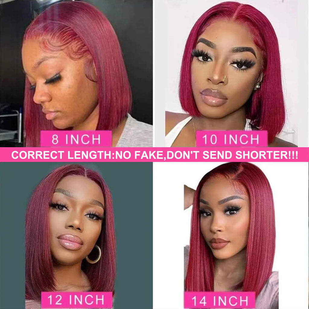 99J Burgundy Bob Wig 13x4 Lace Front Short Wigs 200%Density Straight HD Transparent Lace Frontal Wig Pre Plucked Human Hair 100%