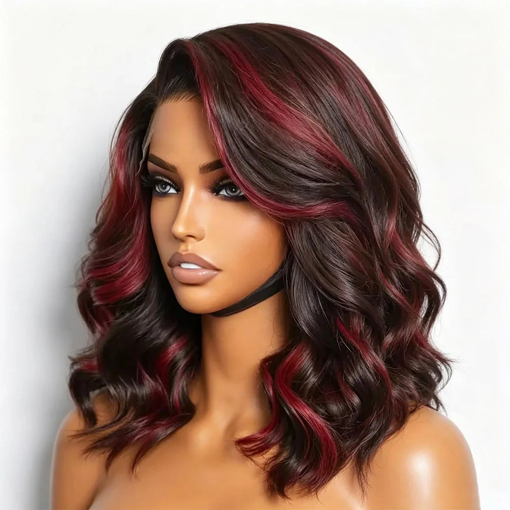 RONGDUOYI Black and Red Highlights Bob Hair Synthetic Wig Highlight Burgundy Short Wave Hair Glueless Lace Front Wigs Daily Wear