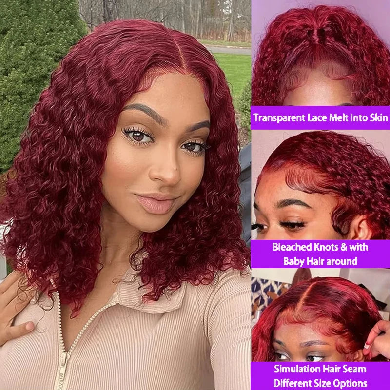 Burgundy Deep Wave 13x4 Lace Frontal Bob Wig 200% Density 99J Colored Remy Water Wave Frontal Human Hair Wigs Pre Plucked Wigs