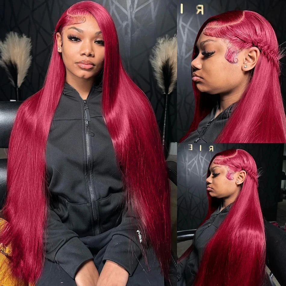 Burgundy 13x6 Hd Lace Frontal Human Hair Wig On Sale 30 36 Inch Bone Straight Lace Front 99J Colored Human Hair Wigs For Women