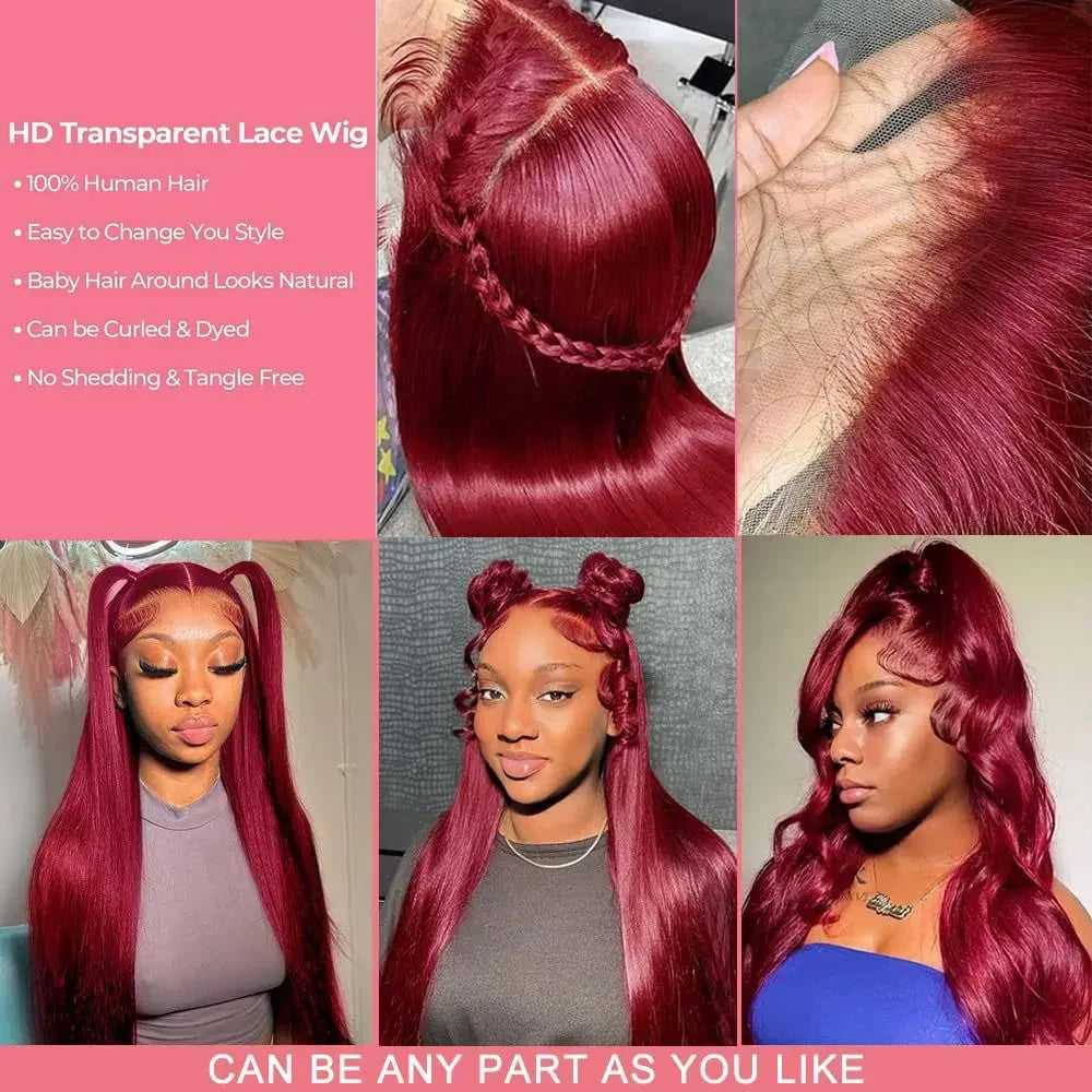 Burgundy 13x6 Hd Lace Frontal Human Hair Wig On Sale 30 36 Inch Bone Straight Lace Front 99J Colored Human Hair Wigs For Women