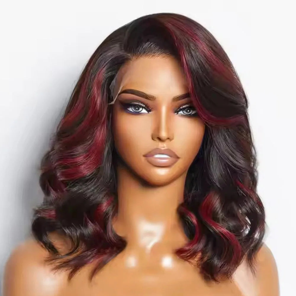 RONGDUOYI Black and Red Highlights Bob Hair Synthetic Wig Highlight Burgundy Short Wave Hair Glueless Lace Front Wigs Daily Wear