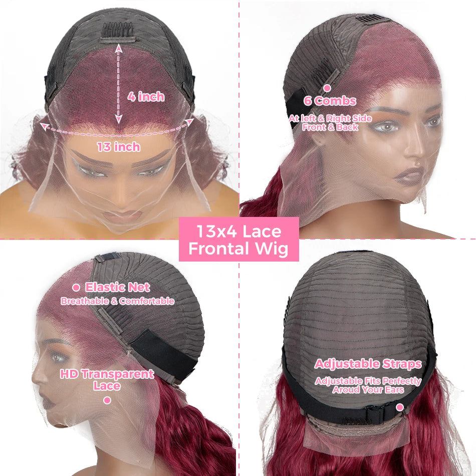 Burgundy 99J 13x6 HD Transparent Lace Front Human Hair Wig 13x4 Body Wave Lace Frontal Wig Brazilian Colored Remy Wigs for Women
