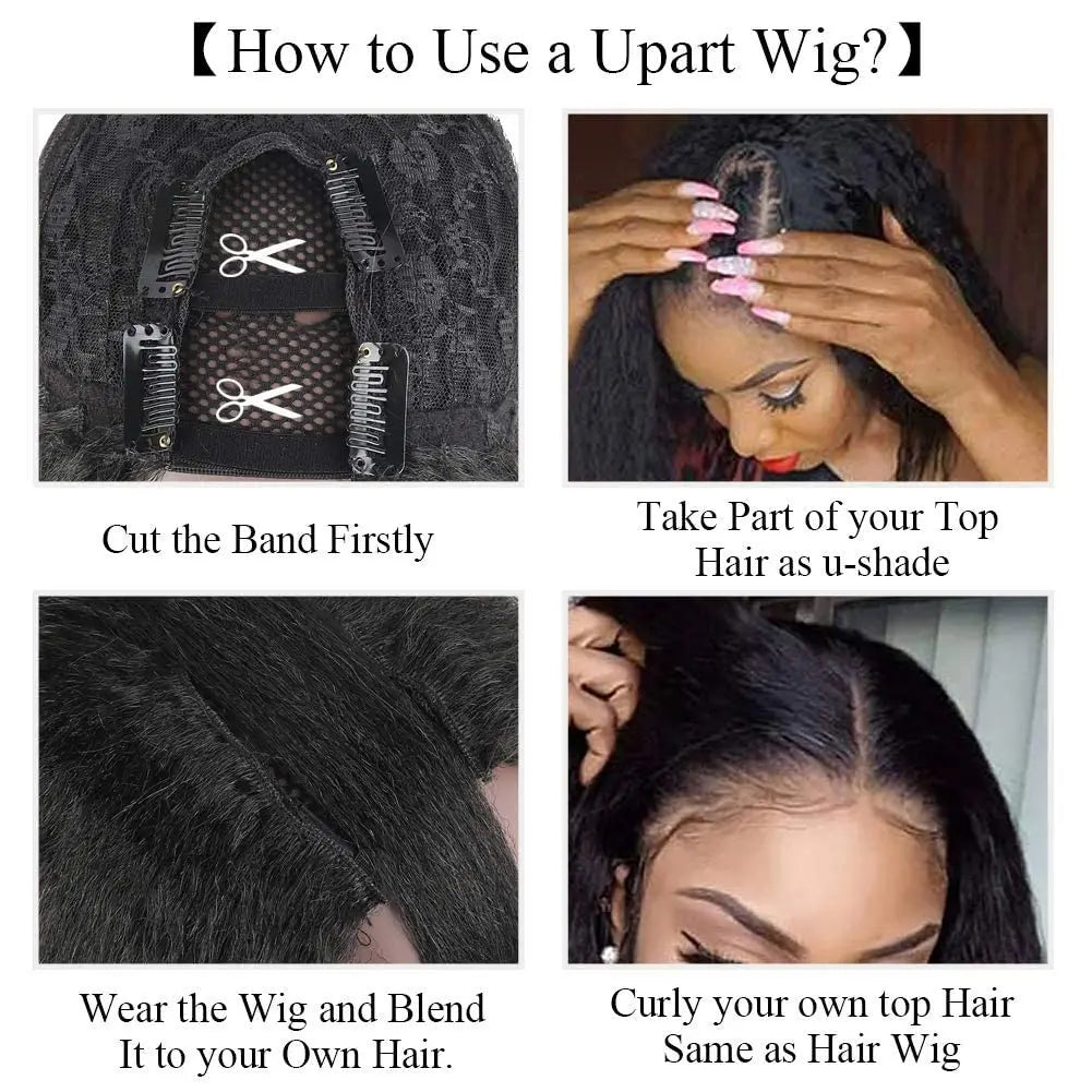 Synthetic Natural Black Kinky Straight U Part Wig Yaki Straight Wigs for Women Daily Party Use