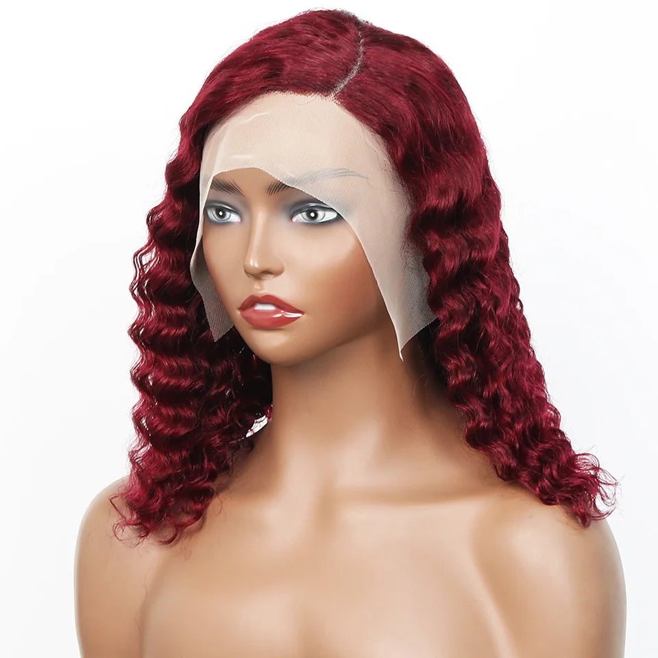 99j Burgundy Deep Bob Wig Human Hair Short Curly Wave 180% Density 13x4 Lace Front Wigs 4x4 T Part Lace Closure Wigs Brazilian