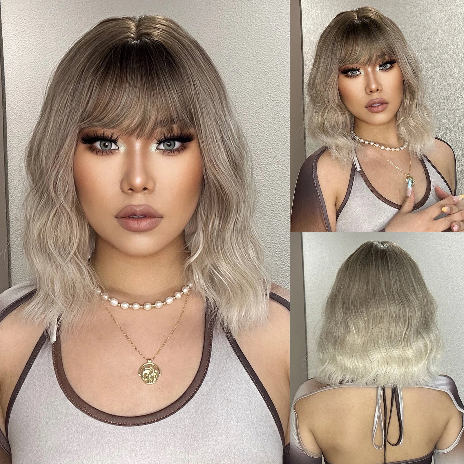 HENRY MARGU Red Copper Ginger Synthetic Wigs with Bangs Medium Water Wave Natural Bob Daily Hair Wigs for Women Heat Resistant