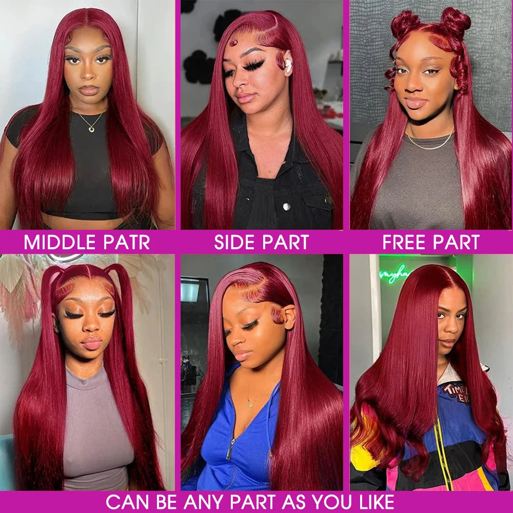 Burgundy 13x6 Hd Lace Frontal Human Hair Wig On Sale 30 36 Inch Bone Straight Lace Front 99J Colored Human Hair Wigs For Women
