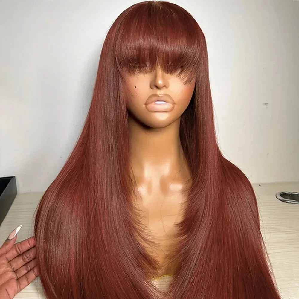 Ginger Orange Short Layered Cut Straight Lace Front Wig With Bangs 13x4 HD Lace Glueless Synthetic Daily Wear On Clearance Sale