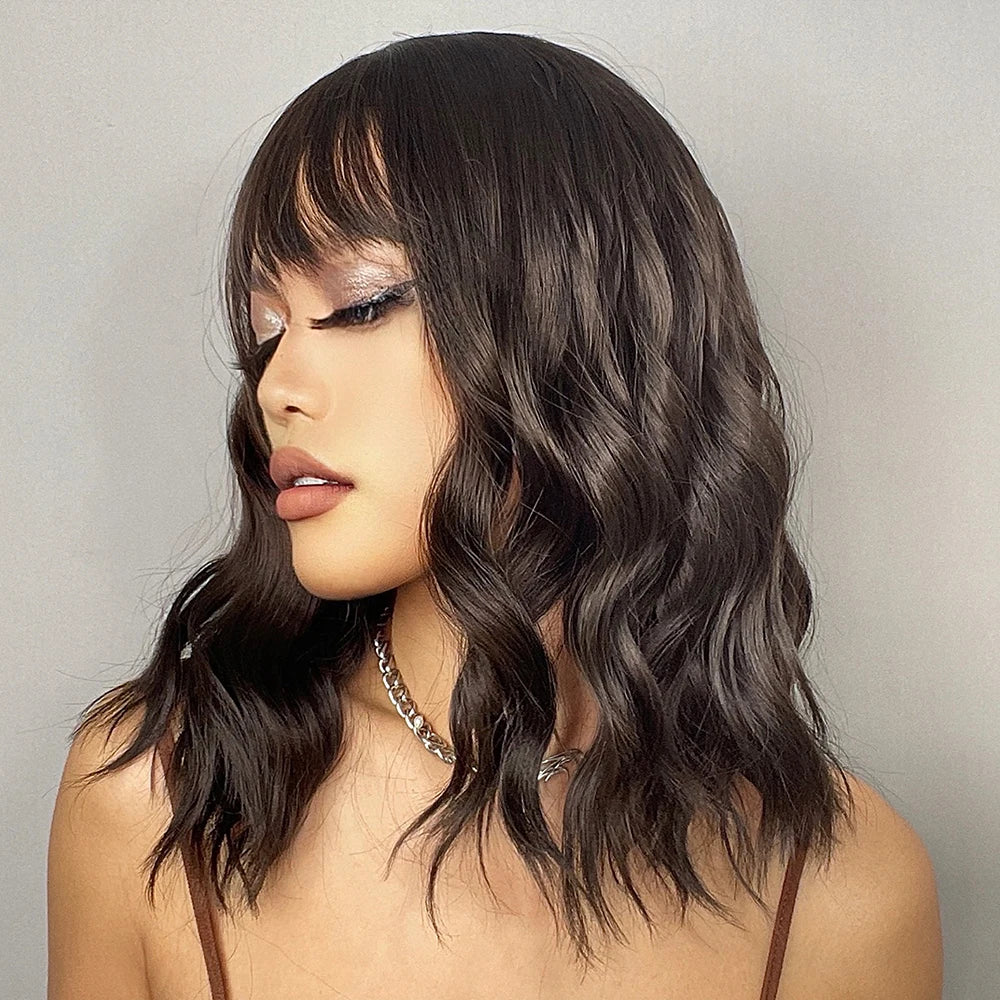 HENRY MARGU Red Copper Ginger Synthetic Wigs with Bangs Medium Water Wave Natural Bob Daily Hair Wigs for Women Heat Resistant