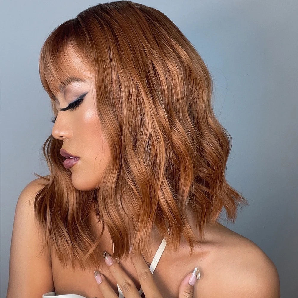 HENRY MARGU Red Copper Ginger Synthetic Wigs with Bangs Medium Water Wave Natural Bob Daily Hair Wigs for Women Heat Resistant