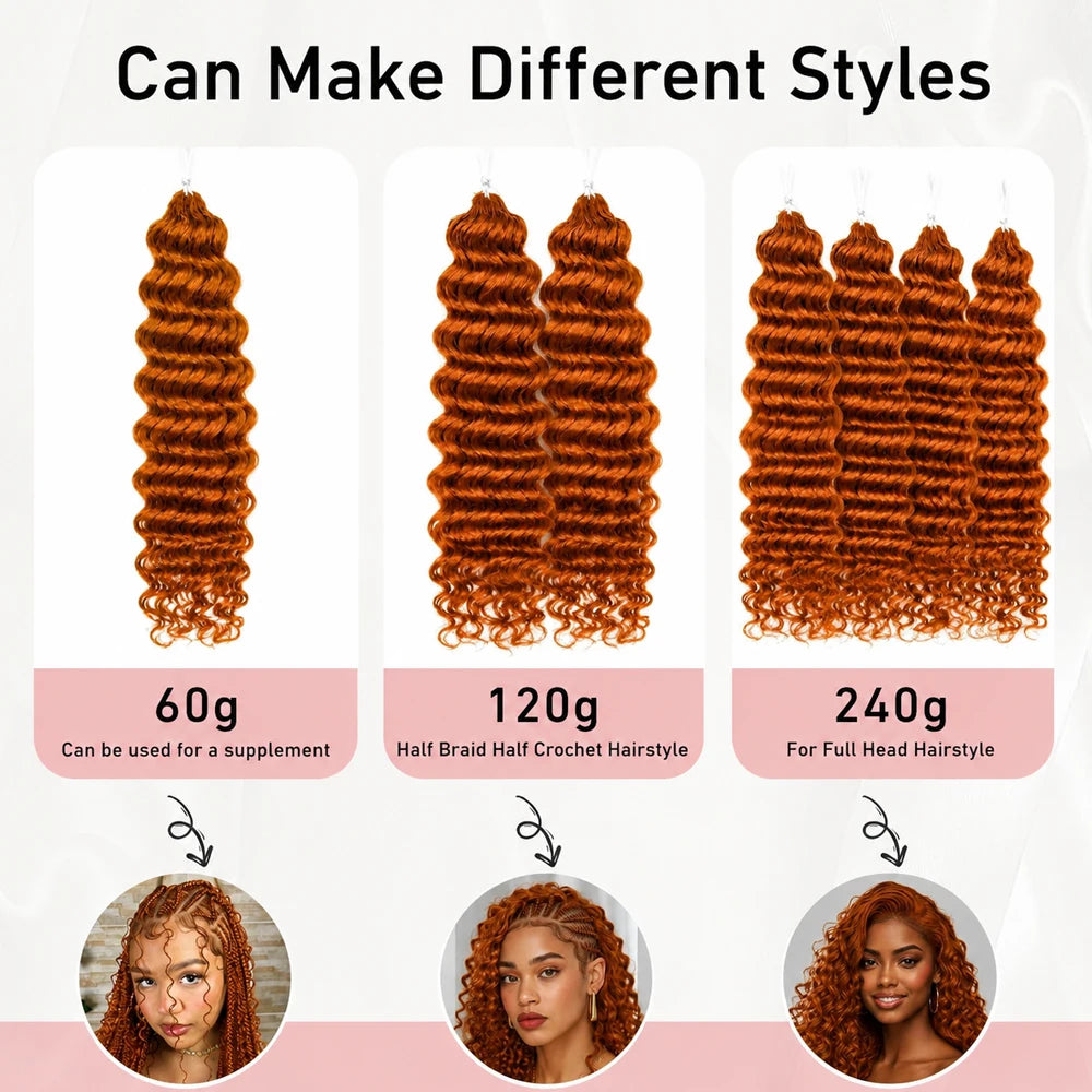 350 Ginger Orange Deep Wave Feather Crochet Miracle Knots Human Hair Extensions Knotless Invisible Pre Separated Boho Braids