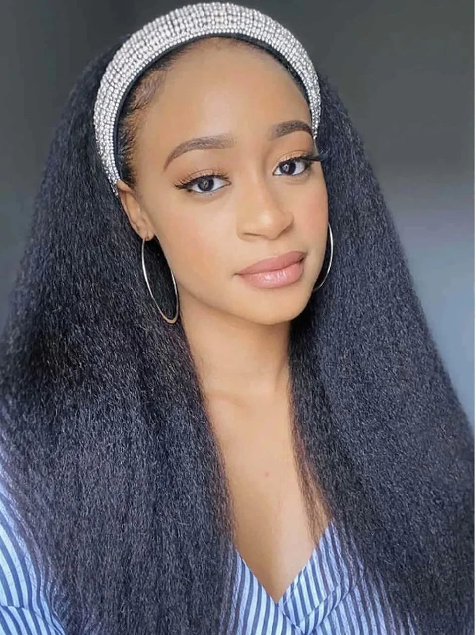 Long Kinky Straight Hair Wigs for Black Women, Synthetic Headband Wig, Hair Band Attached Half Wig, Full Machine Made, None Lace
