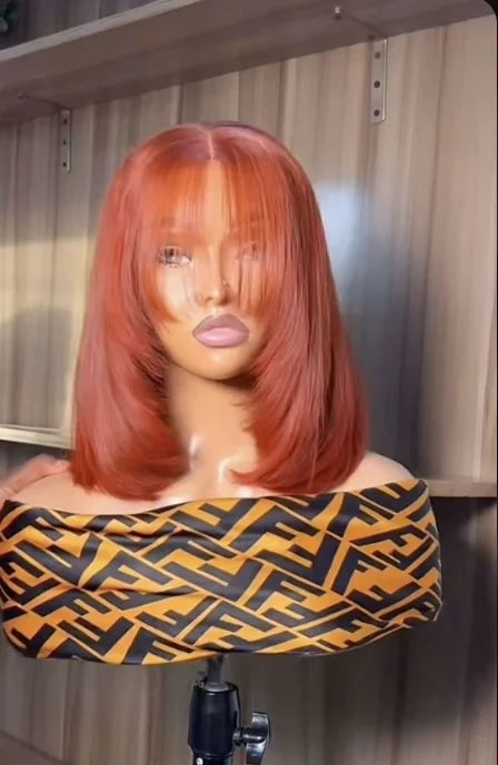 Ginger Orange Short Layered Cut Straight Lace Front Wig With Bangs 13x4 HD Lace Glueless Synthetic Daily Wear On Clearance Sale
