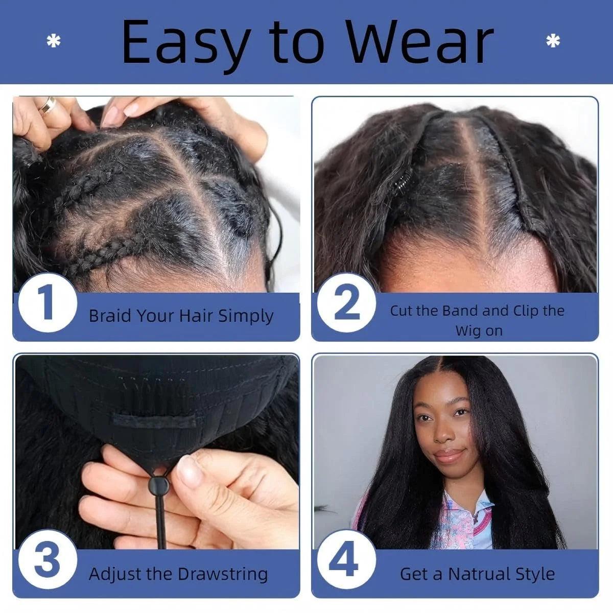 V Part Wig Kinky Straight 220% density Human Hair Wigs Yaki Straight Glueless Wigs Human Hair for Women Invisible Hairline Wigs
