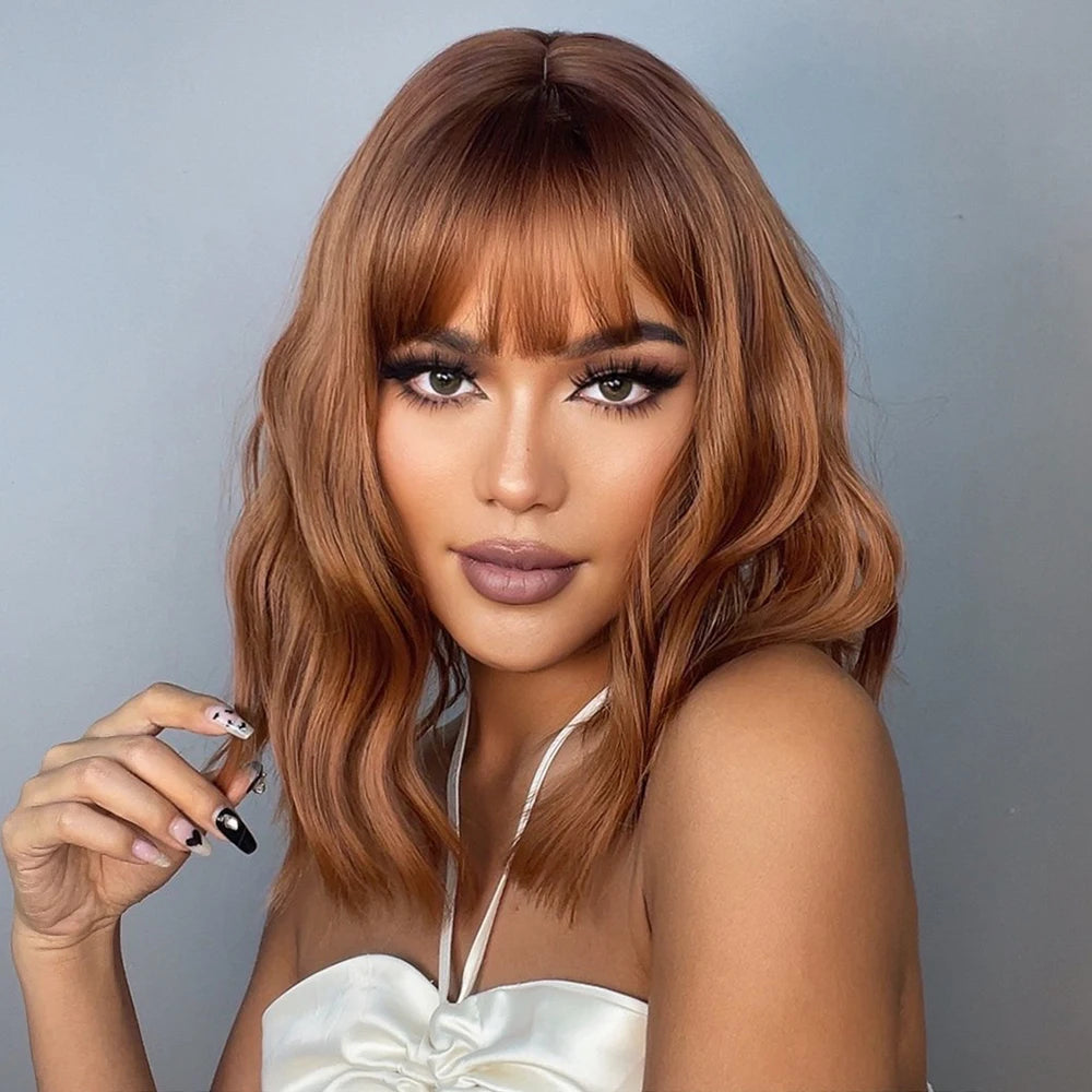 HENRY MARGU Red Copper Ginger Synthetic Wigs with Bangs Medium Water Wave Natural Bob Daily Hair Wigs for Women Heat Resistant