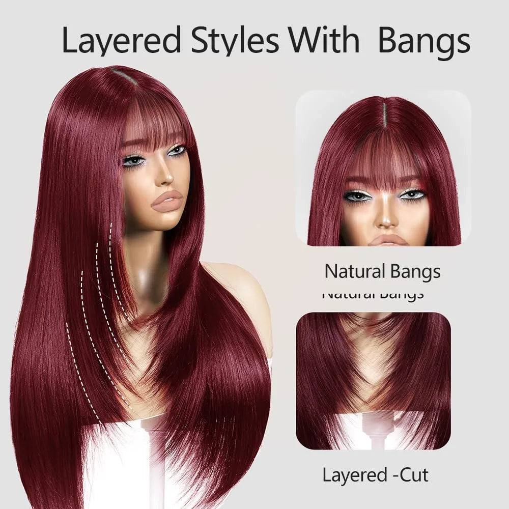 Ginger Orange Short Layered Cut Straight Lace Front Wig With Bangs 13x4 HD Lace Glueless Synthetic Daily Wear On Clearance Sale