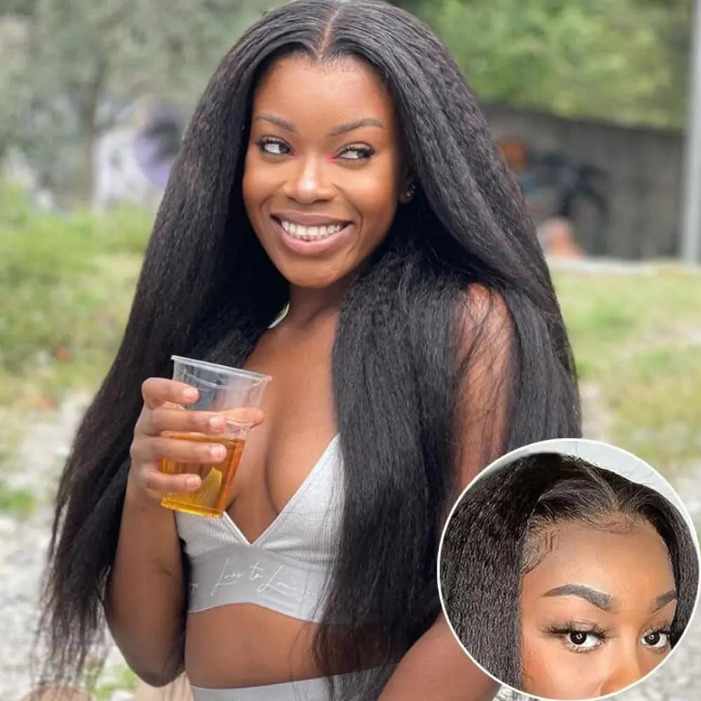 Synthetic Natural Black Kinky Straight U Part Wig Yaki Straight Wigs for Women Daily Party Use