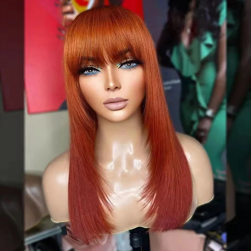 Ginger Orange Short Layered Cut Straight Lace Front Wig With Bangs 13x4 HD Lace Glueless Synthetic Daily Wear On Clearance Sale