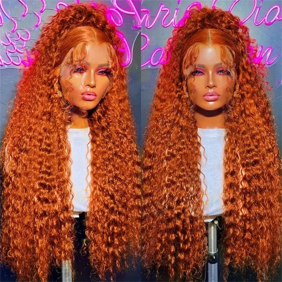 Orange Ginger Honey Blonde Color 13X4X1 Water Wave Full Lace Front Wigs For Women Preplpucked Bleach Knots Heat Resistant Fiber